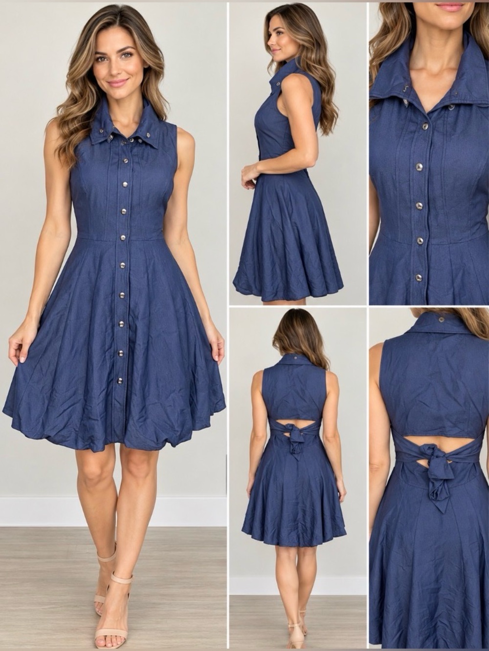 Frank Lyman Design Blue Fit & Flare Tie Back Dress Size 8 Made in Canada